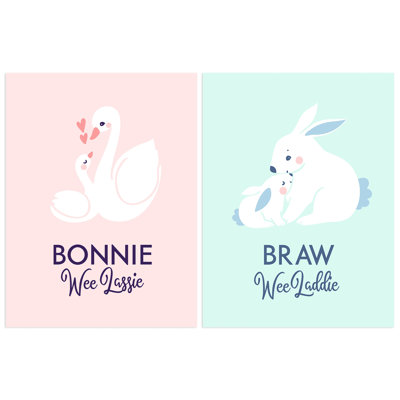 Scottish Kids Baby Nursery Bonnie Boy Girl Lassie Laddie Swan Bunny - 2 Piece No Frame Print Set