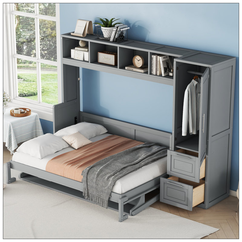 Lit escamotable mural avec placard et tiroirs Murphy, Gris, Lit double