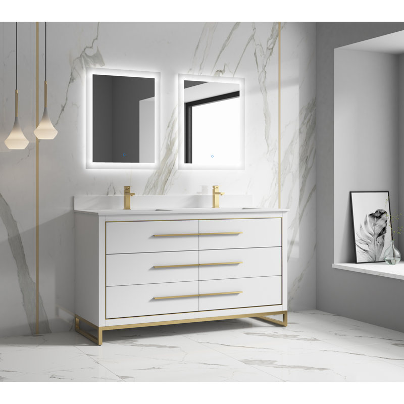 Meuble-lavabo double 60 "avec quincaillerie or brossé Genai