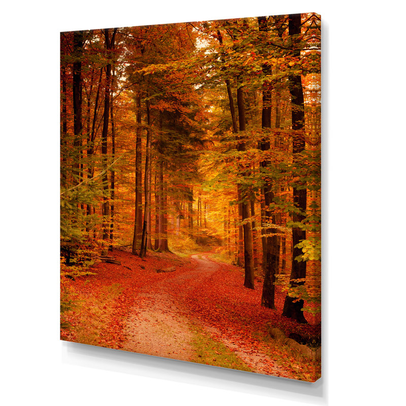 Chemin à travers la forêt d'automne rouge - reproduction d'art sur toile traditionnelle, H 40 po x l 30 po x P 1,5 po