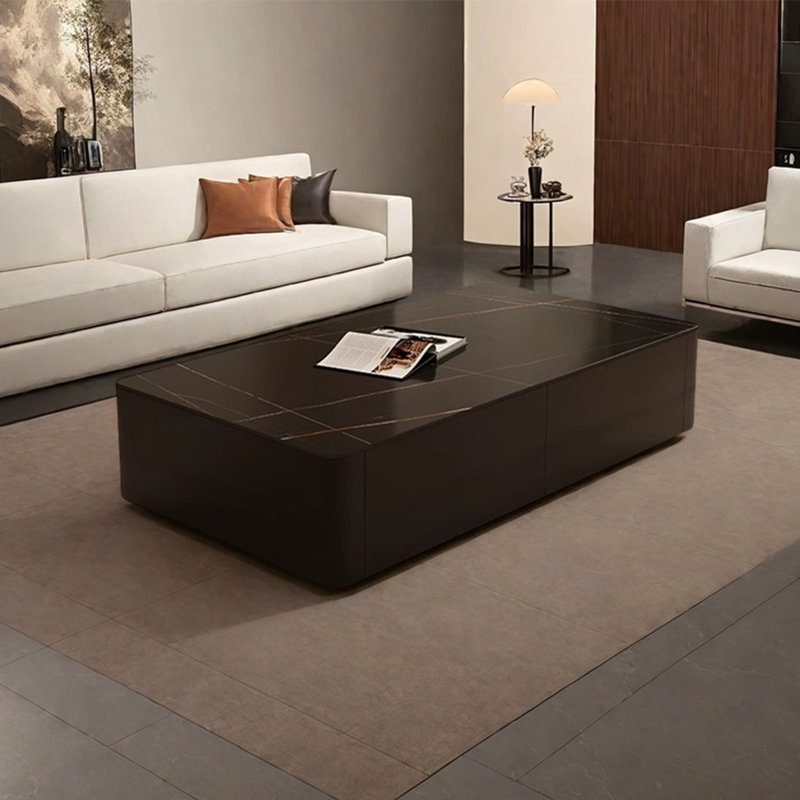 Simple square rock plate coffee table, Black, 13.8" H x 51.2" L x 27.6" W