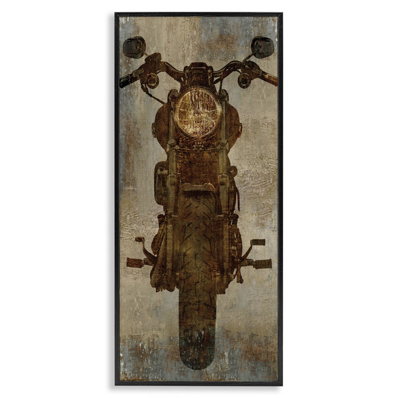 Motocyclette, motif rustique, estampe numérique par Dylan Mattews, Giclée encadrée noir minuit, H 24 po x l 10 po