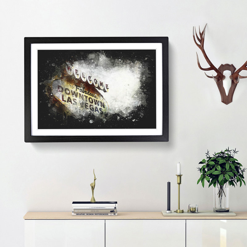 Downtown Las Vegas Sign Paint Splash - Picture Frame Graphic Art, 62cm H x 87cm W x 2cm D, Black Framed