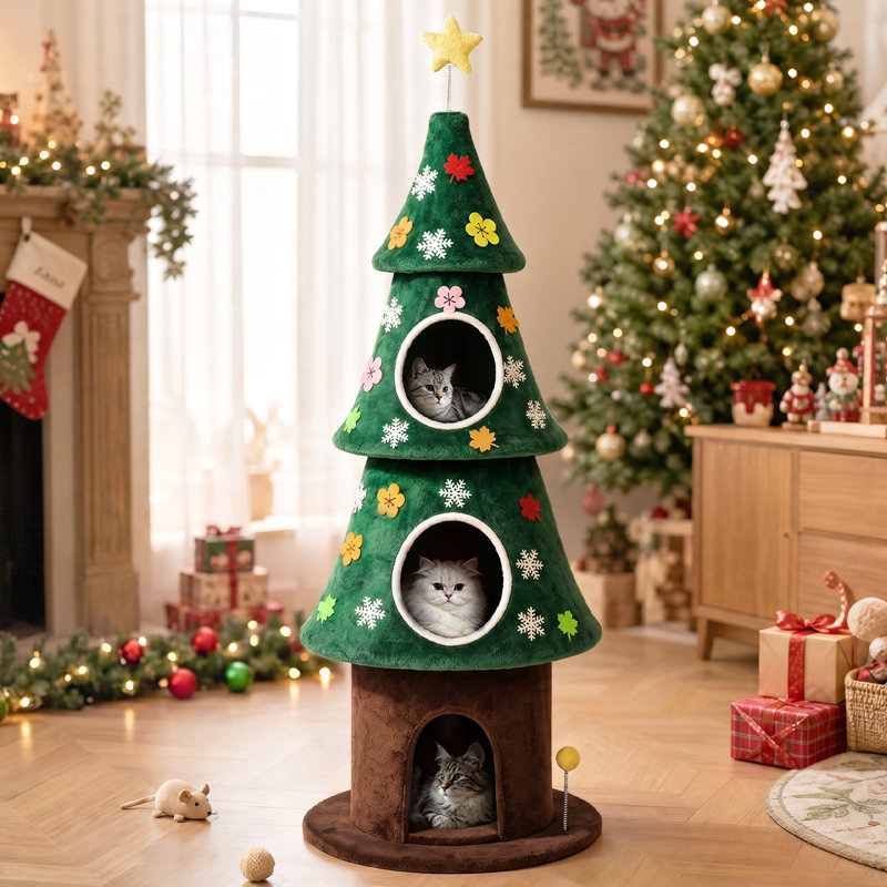 Arbre à chat de Noël de 168 cm avec 2 niches confortables, tour à chat d'intérieur moderne, système anti-basculement, poteaux à griffer recouverts de sisal, perchoirs moelleux et balles suspendues, arbre à chat festif idéal pour que les chatons puissent jouer et dormir.