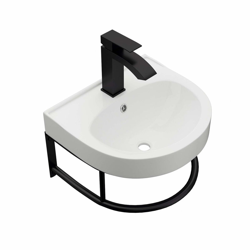 Wall-Mounted Ceramic Bathroom Sink with Integrated Black Towel Bar and Faucet for Space-Saving Modern Bathrooms.
