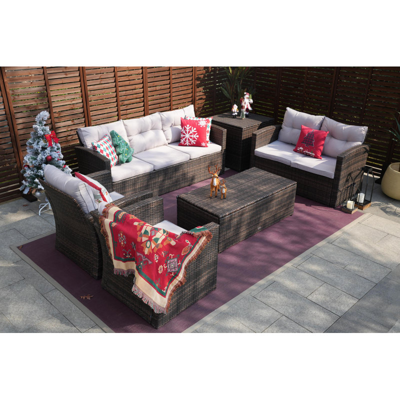 Ensemble de patio complet en rotin 6 pièces avec coussins Kensli, Brun