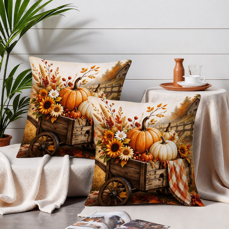 JYK Soft Microfiber Decorative Pillow Covers Double Sided Printed Hidden Zipper Cushion Cases for Home Decor & Gifts.20x20 inches,Orange pumpkin sunflower wagon