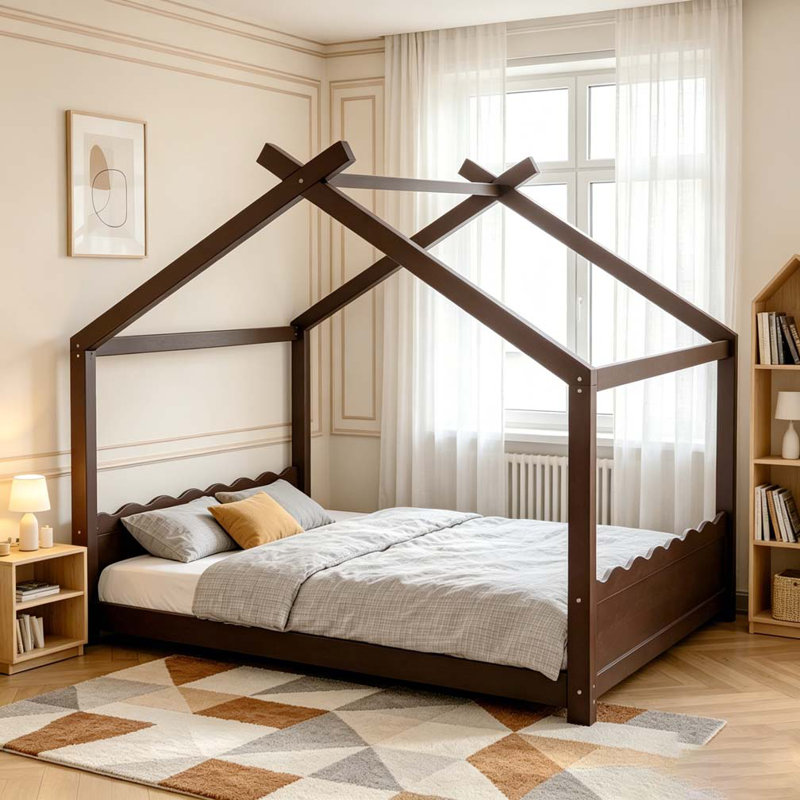 Lit de maison avec lattes de soutien, cadre de lit en bois massif pour enfants, aucun sommier et ouverture, Espresso, Grand