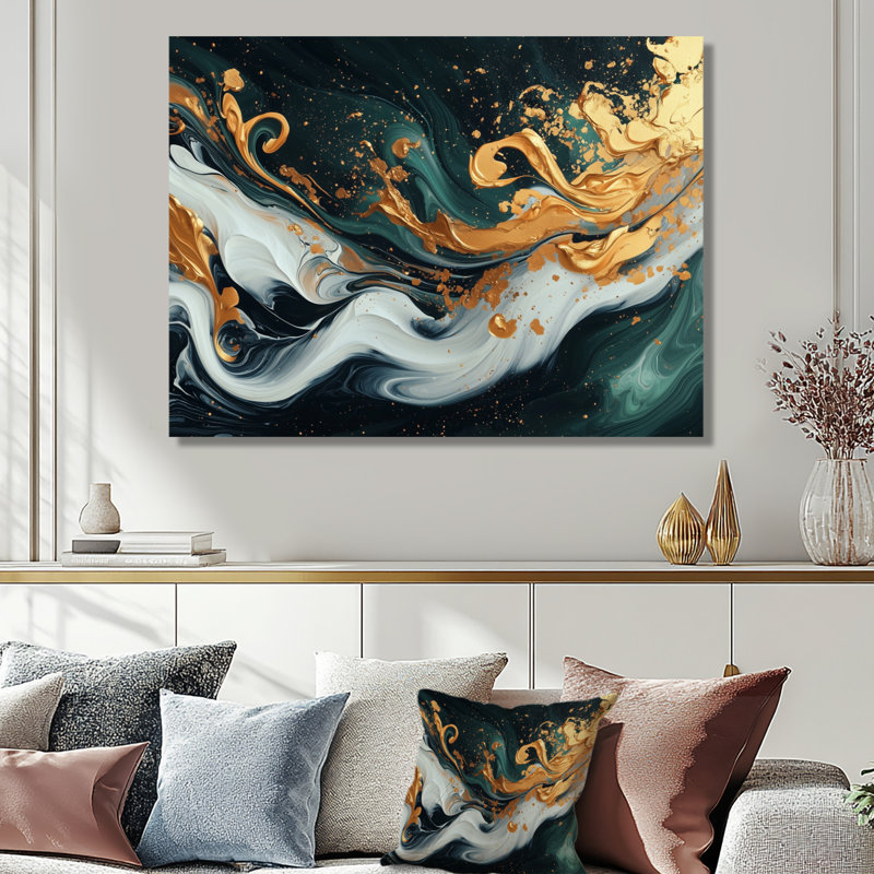 «Gold Green Temporal Fluidité III», art abstrait à l'encre liquide, H 34 po x l 44 po, Toile tendue, Ne s’applique pas