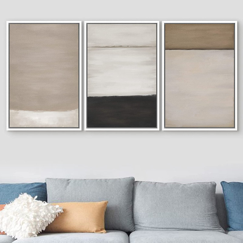 Ensemble de 3 peintures sur toile avec cadre flottant, H 36 po x l 72 po x P 1,5 po, Blanc