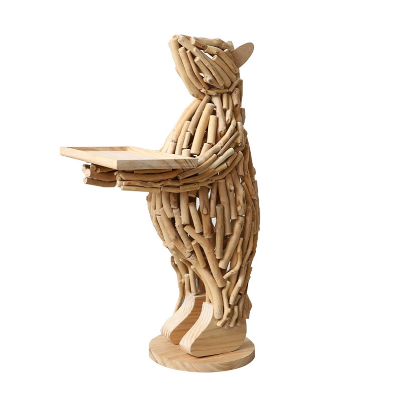 Creative Solid Wood Bear With Tray Decorative Piece
