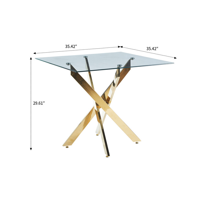 35" Luxurious and simple style tempered glass square dining table with metal legs and protective legs for kitchen and dining room, meeting area