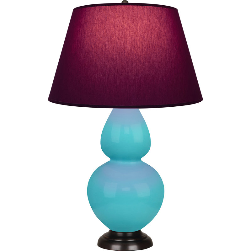 Lampe de table double gourde en céramique, Bleu œuf émaillé / bronze, Prune / lavande, Bronze