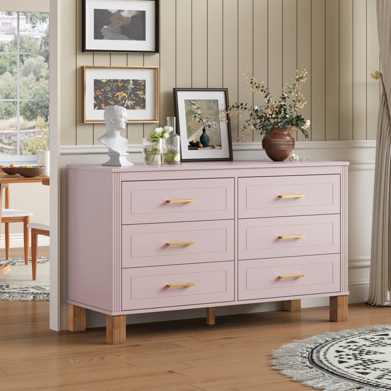 Commode double 6 tiroirs en bois robuste, Rose