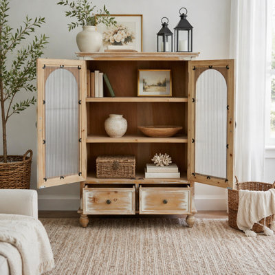 Armoire de rangement, garde-manger en bois vieilli avec 2 portes en verre et 2 tiroirs