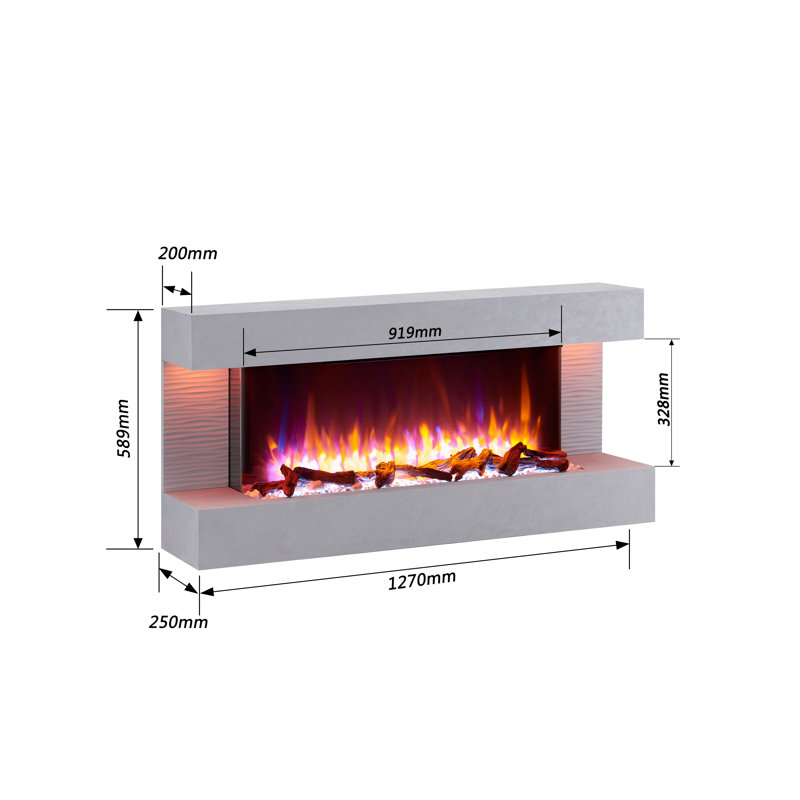 KINGSTON FLAMME Electric Fireplace with, 60cm H x 127cm W x 25cm D, Cement Grey