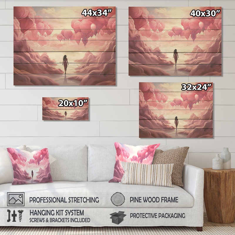 Pink And White Air Balloon Solitude II - Abstract Landscape On Wood Print, 30" H x 40" W x 0.78" D