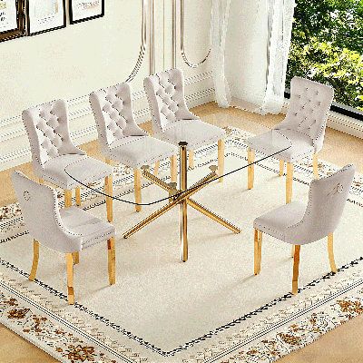 Ensemble de table de salle à manger 71 ", ensemble de table de salle à manger moderne avec plateau en verre trempé, chaises en velours et pieds en métal doré