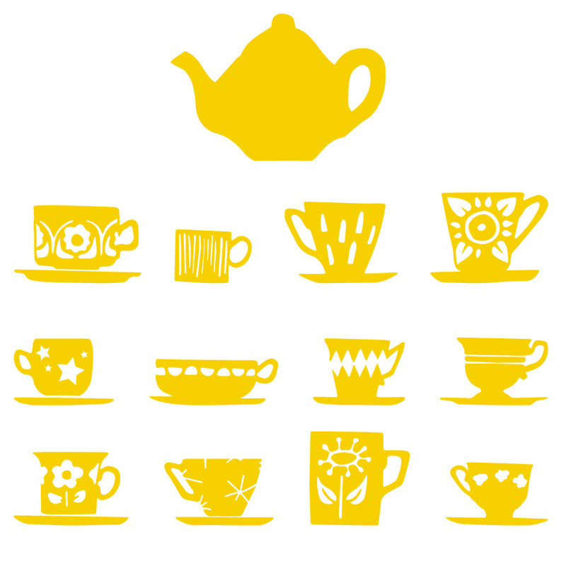 Décalcomanie murale tasses de thé, H 32 po x l 33 po x P 0,01 po, Jaune clair