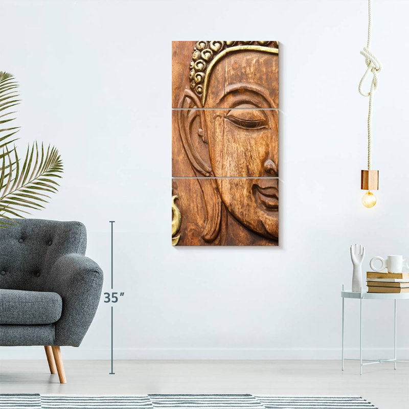 Bouddha en bois sculpté 3 pièces, H 62 po x l 30 po x P 1,25 po