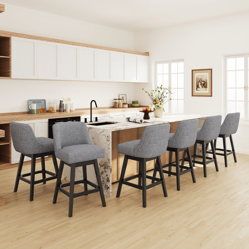 360°Bar Counter Stool with Solid Wood Frame, Light Gray