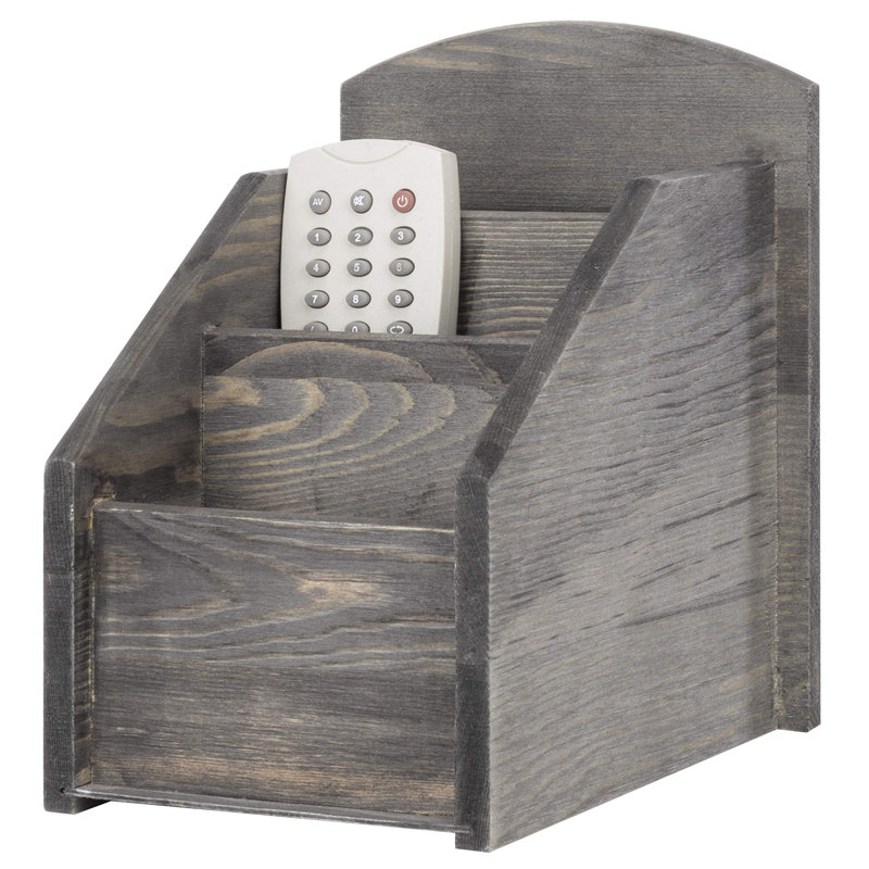 Rustic Dark Grey Wooden Media Caddy With 3 Compartments For Home Organization