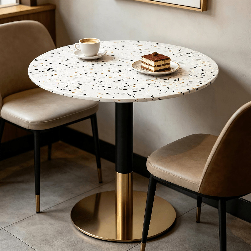 Table ronde 24 po en terrazzo de qualité commerciale pour la boulangerie, le café, le restaurant et les petits espaces, White
