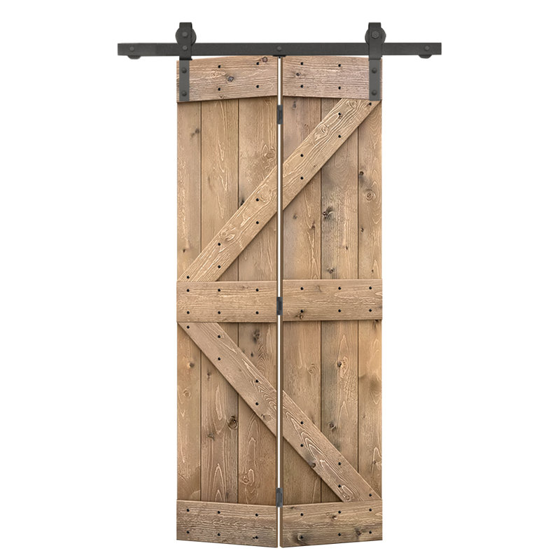 Porte de grange en bois pré-assemblée et pliante en deux parties avec quincaillerie coulissante, 30 po x 84 po, Brun clair