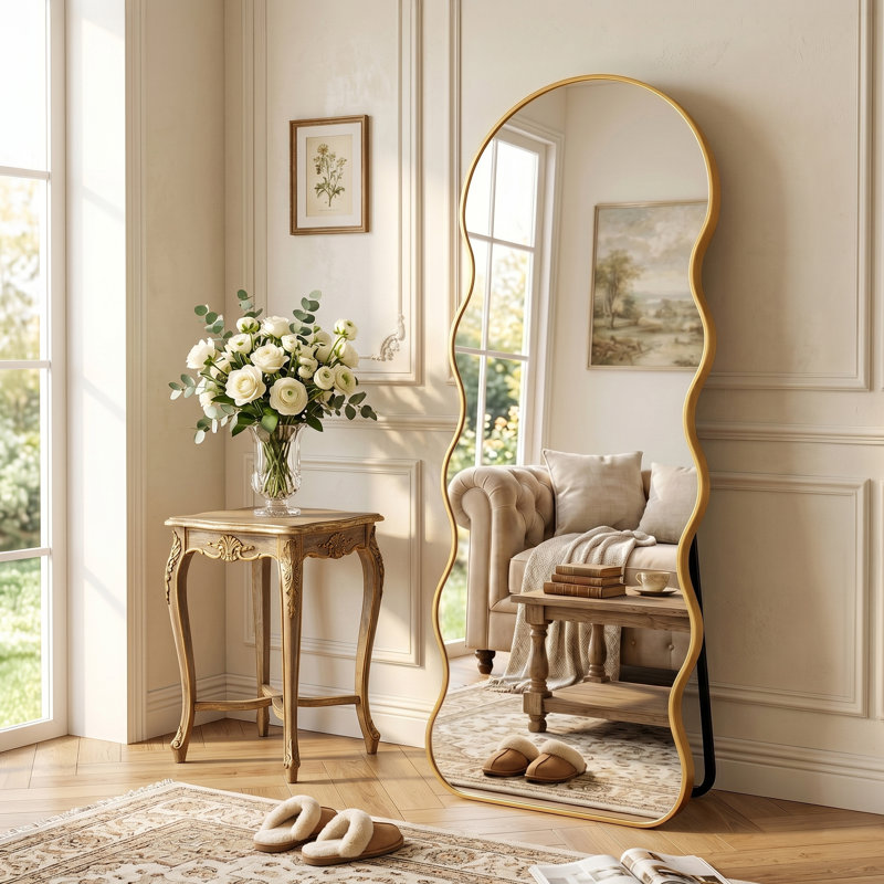Modern Irregular Full-length Mirror With Aluminum Frame, Wall-mounted Or Free-standing Design, 63" x 23.6", Gold