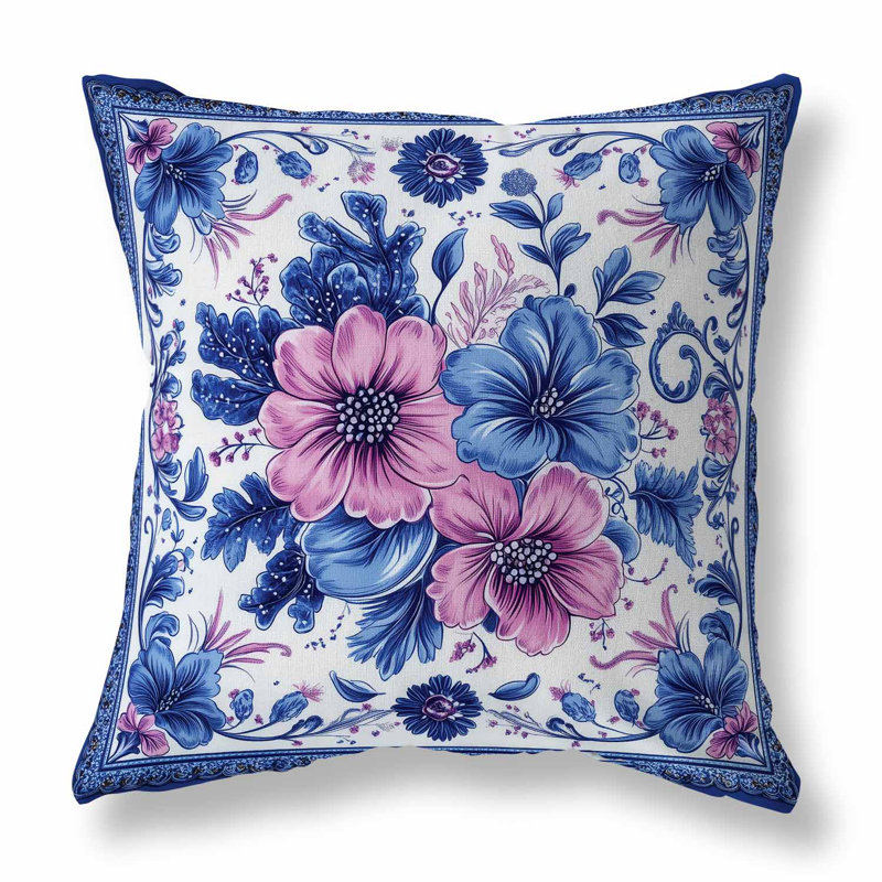 Periwinkle Pattern Indoor/Outdoor Pillow, Blue/Pink, Square 16"