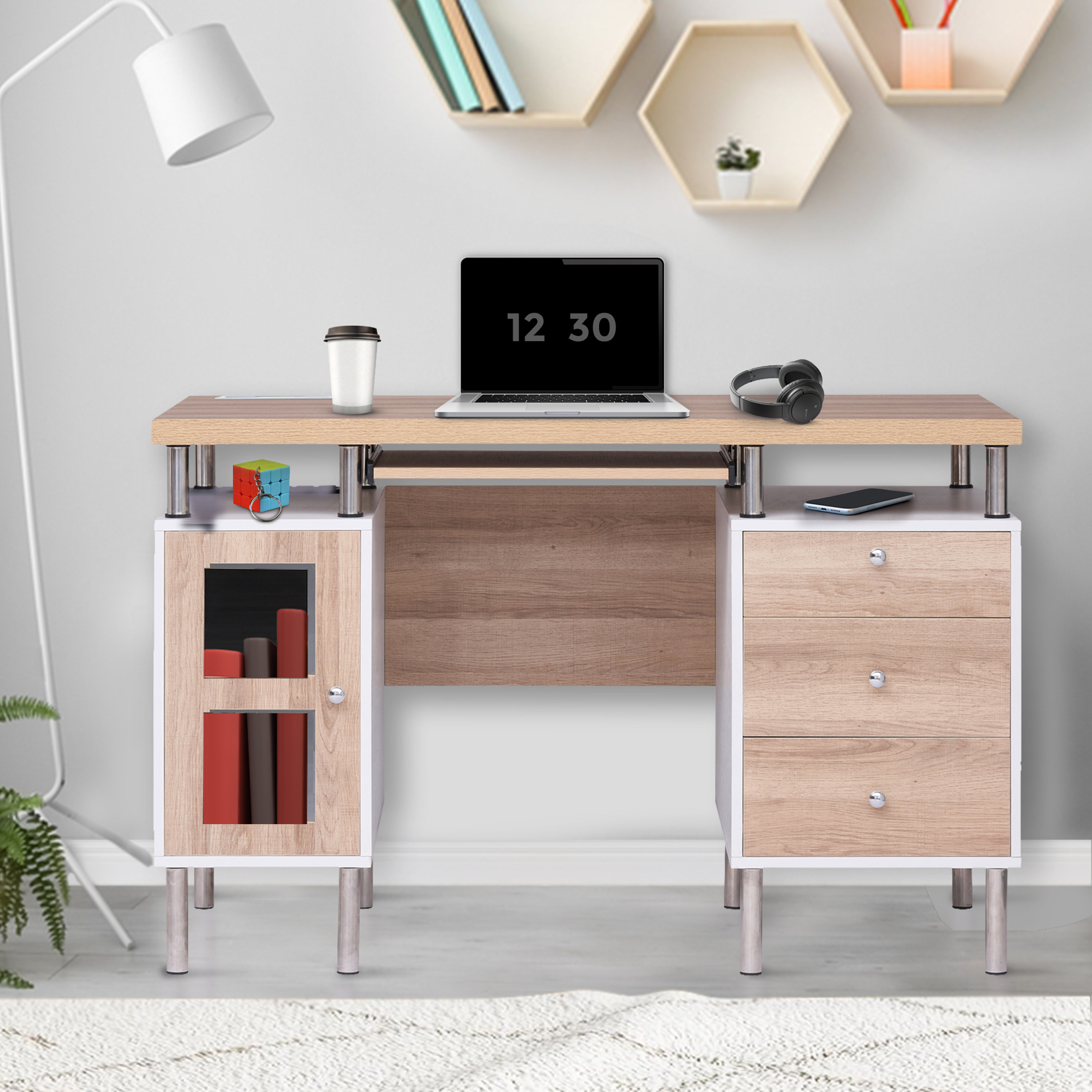 Ebern Designs Chinonye Executive Wood Office Desk with Keyboard Tray
