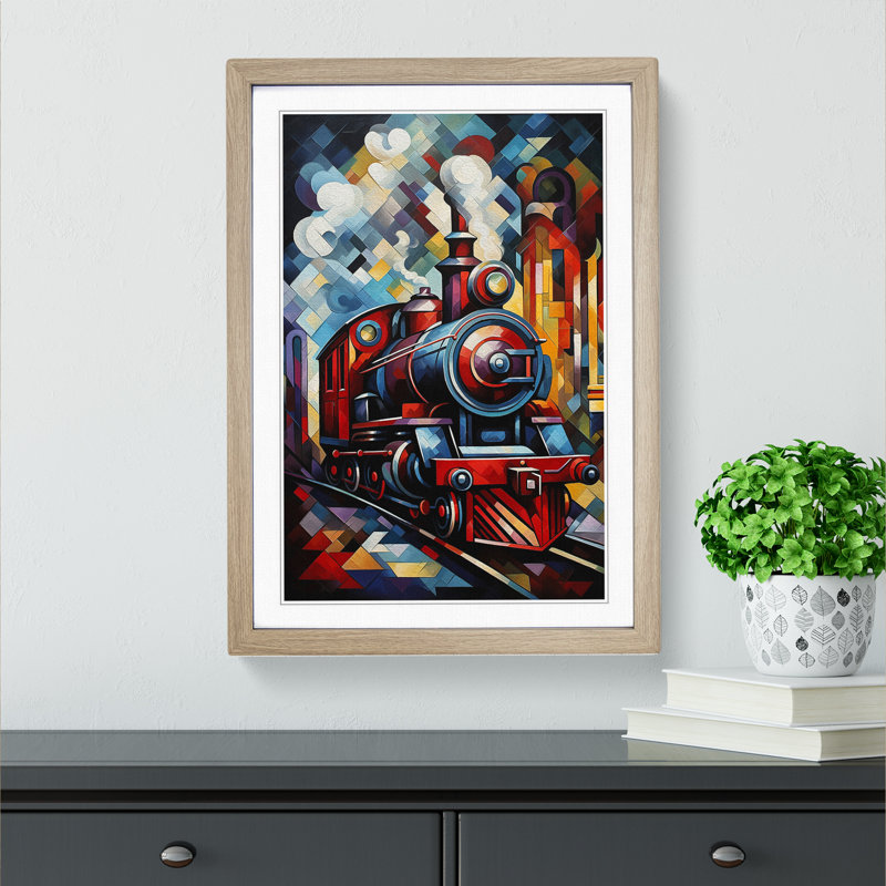 Steam Train Cubism - Framed Print, 34" H x 25" W x 2" D, Oak