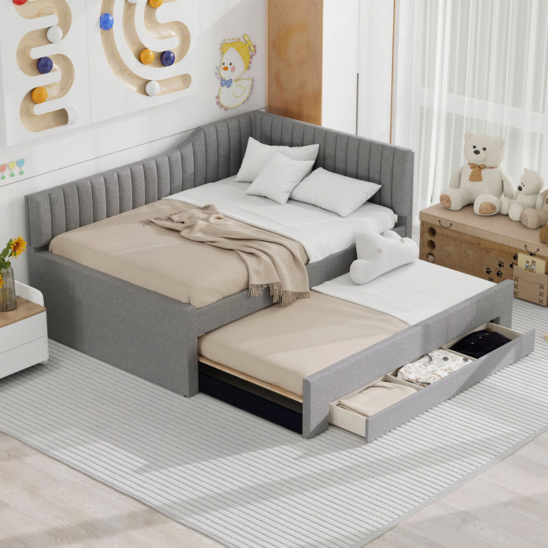 Upholstered Daybed With Trundle And Three Drawers, Gray, Full/Double
