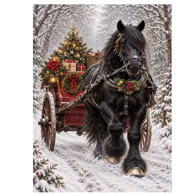 2D Flat 1pc Wood Frame Home Mural Wall Decor, Realistic Winter Black Horse Pulling Christmas Gift Cart, Christmas Decorations.