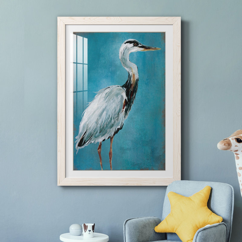 Great Blue Heron I - peinture encadrée, Cadre blanc, H 31 po x l 44 po x P 1 po
