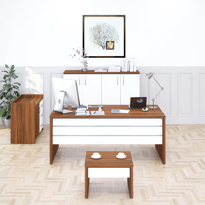 Ensemble de bureau rectangulaire 4 pièces avec rehausse Dajion, Brun / blanc
