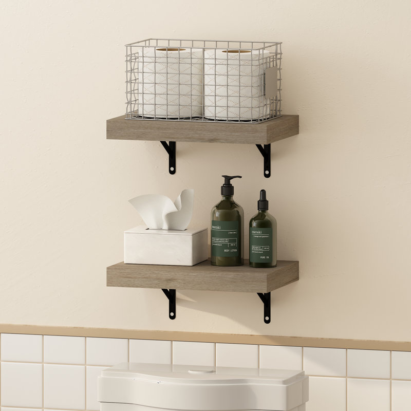 17 Stories Arno 15-Inch Wall Mounted Bathroom Floating Display Shelves, Set of 2, Natural