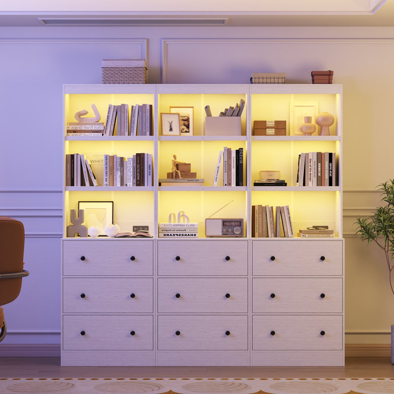 71"H X 70.8"W Book Cabinet Storage Bookcase with USB & Type-C Charging Ports and LED Lights (3A), White