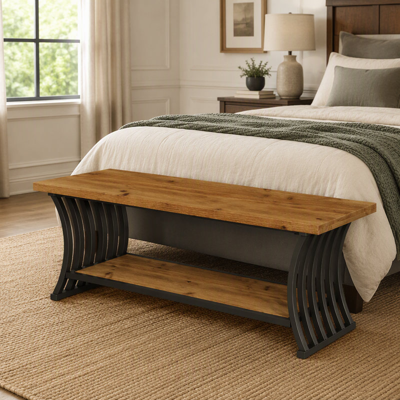 Banc d'entrée de 140 cm, banc à chaussures en bois avec tablette, à placer au pied du lit