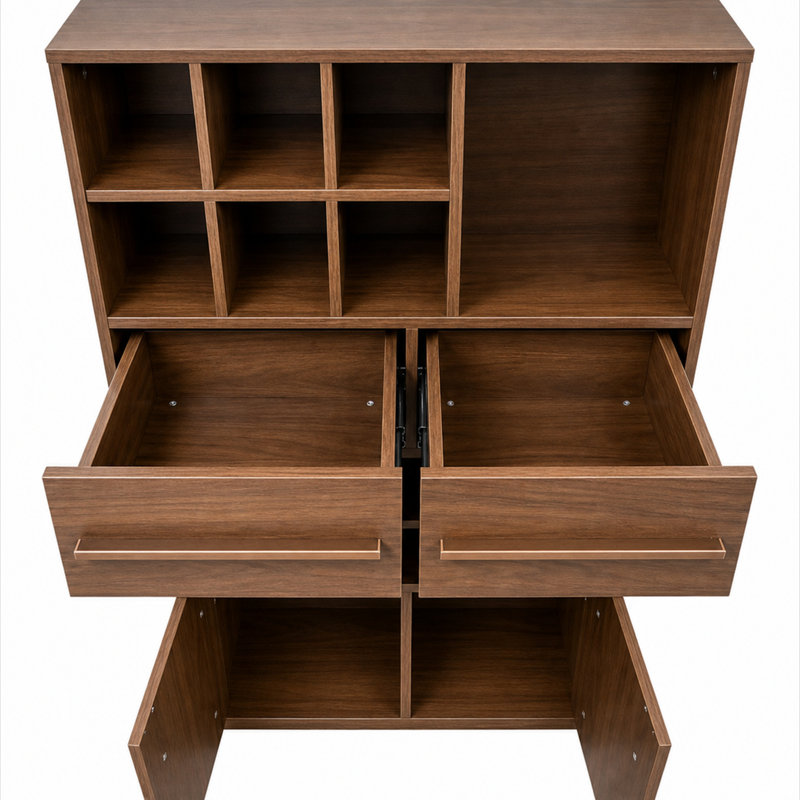 Buffet moderne en noyer avec casier à vin 12 bouteilles et 2 tiroirs, meuble de rangement pour boissons dans la salle à manger