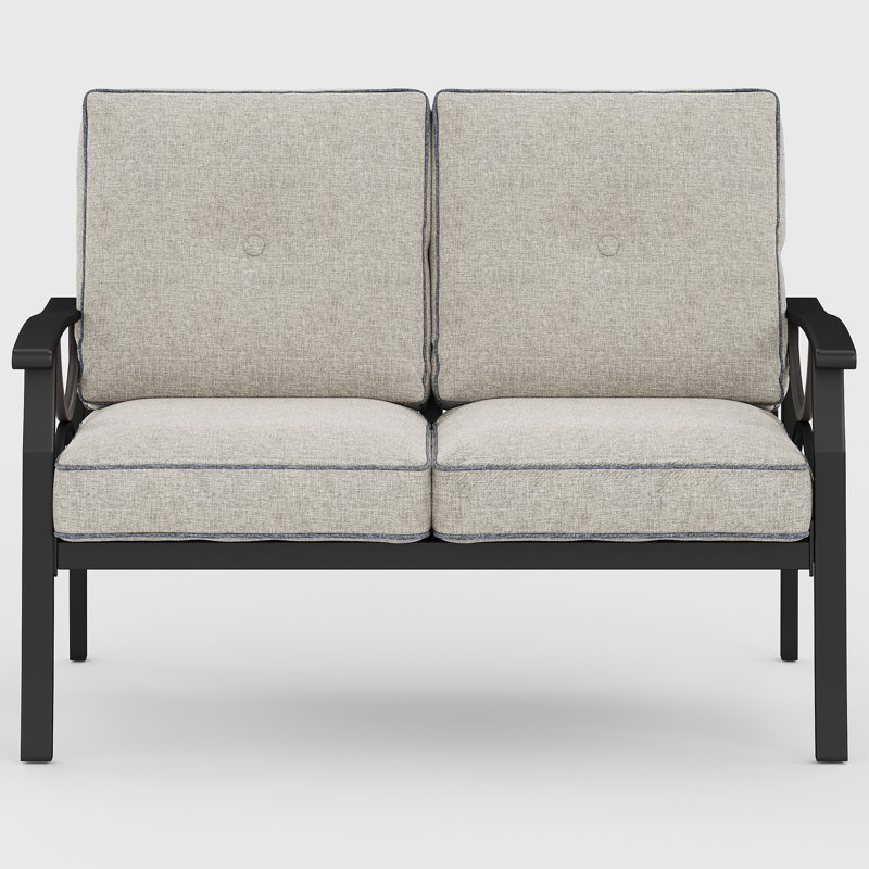 Causeuse d'extérieur en métal avec coussins moelleux, Black Frame/Khaki Cushion