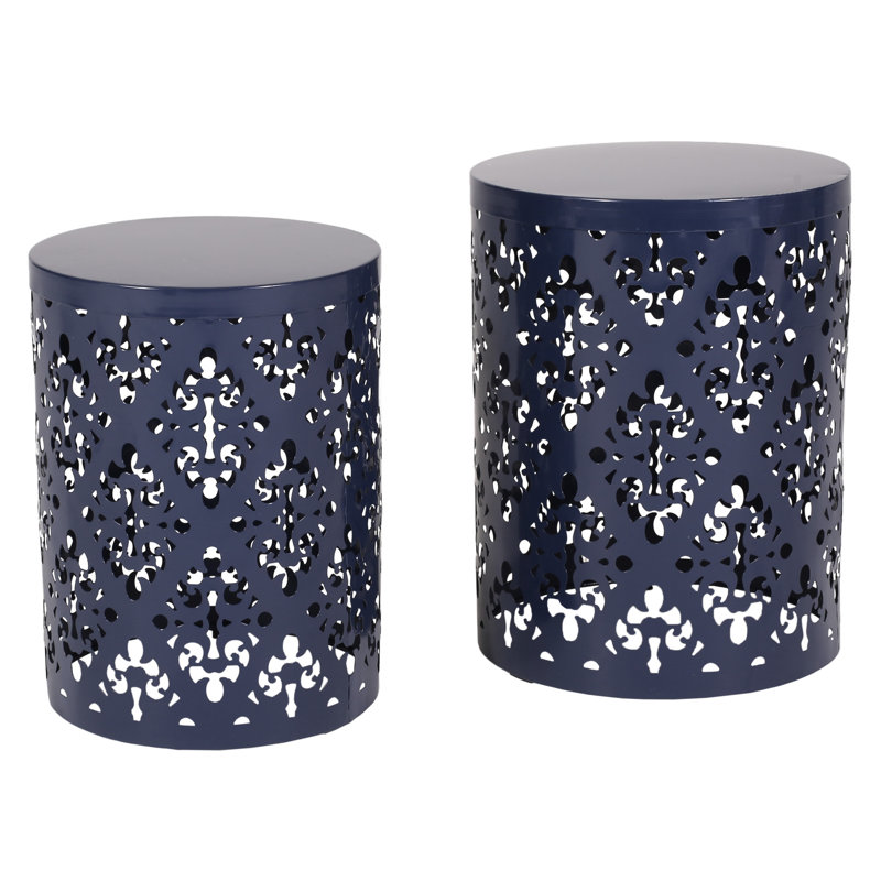 Metal End Table - Modern Design Iron Cut, Navy Blue Hue, Strong Powder-Coated Frame, No Assembly Side Cut Decoration,