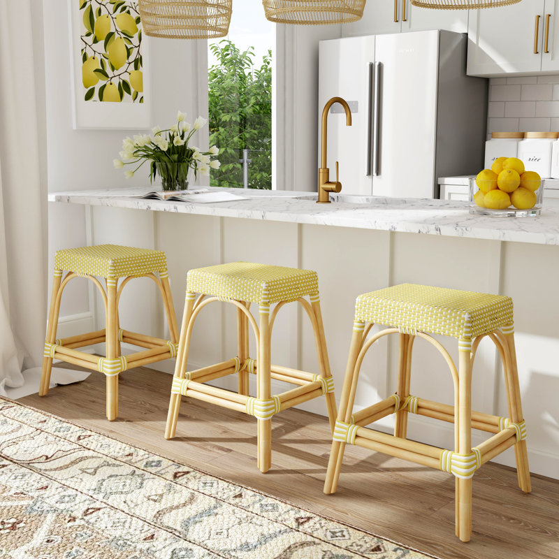 Lennart Counter/Bar Stool, Yellow/White Dot/ Natural Rattan Frame, Counter Stool (24.5" Seat Height)