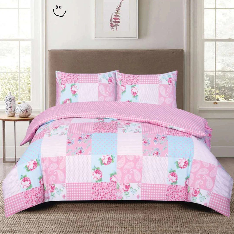 Cotton Patchwork Duvet Cover Set, Single Duvet Cover Set + 2 Additional Pieces, Pink Patchwork