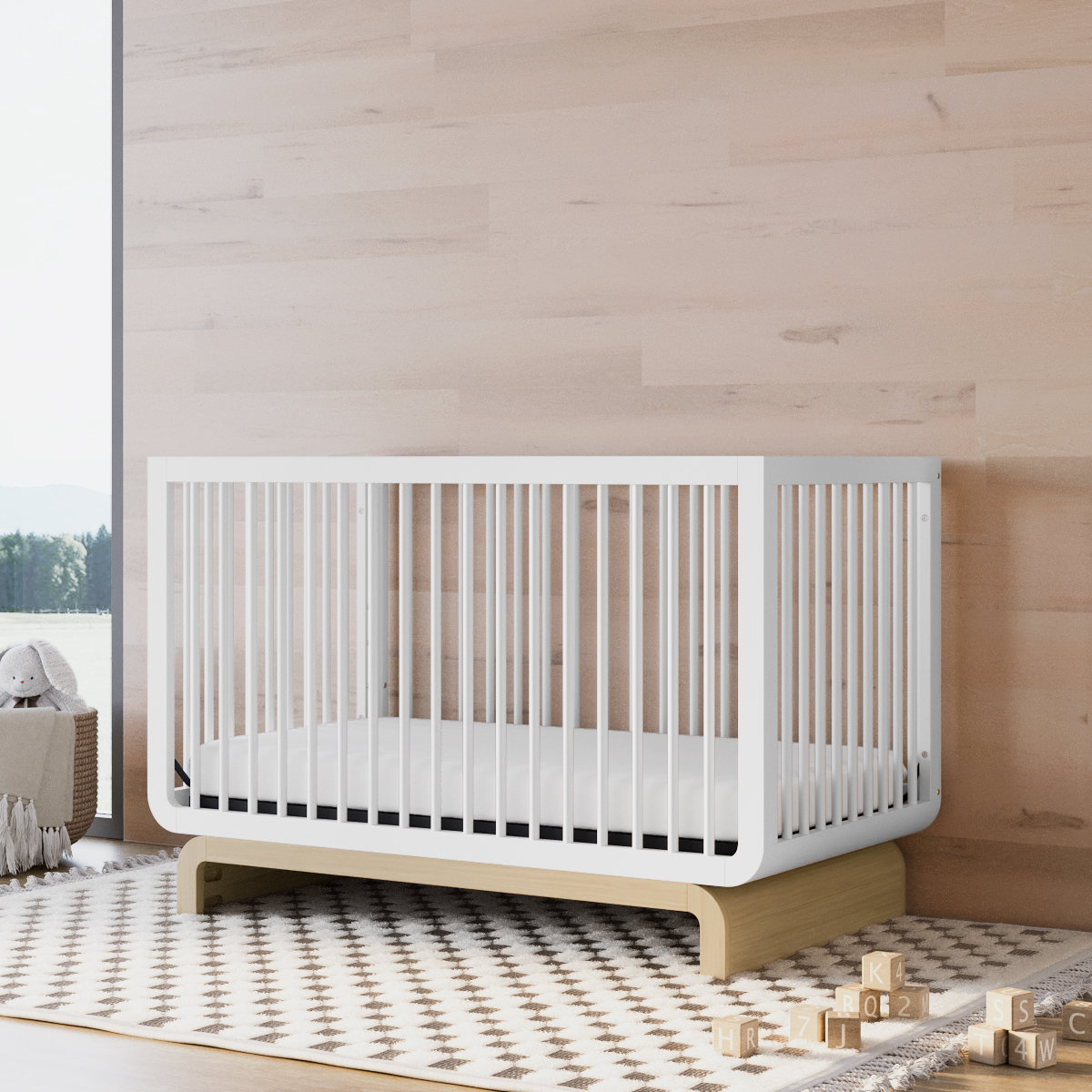 Santorini Pine 5-in-1 Convertible Crib, White/Driftwood, Crib + Mattress