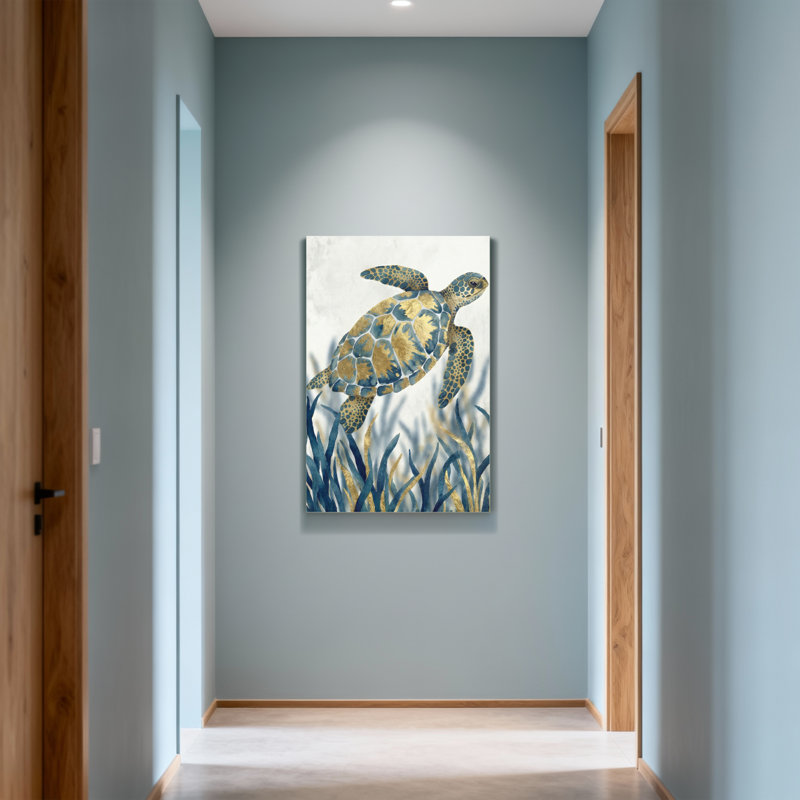 Animaux, tortue de mer avec motif bleu et or, H 12 po x l 18 po