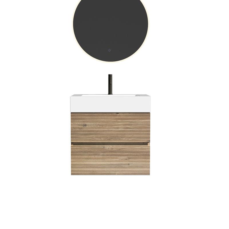 Meuble-lavabo flottant mural moderne, conception en chêne, tiroirs doubles, planches de qualité E1, système de fermeture en douceur, poignée cachée, lavabo à finition brute de 23,49 po de hauteur, lavabo en quartz blanc, E0 silencieux