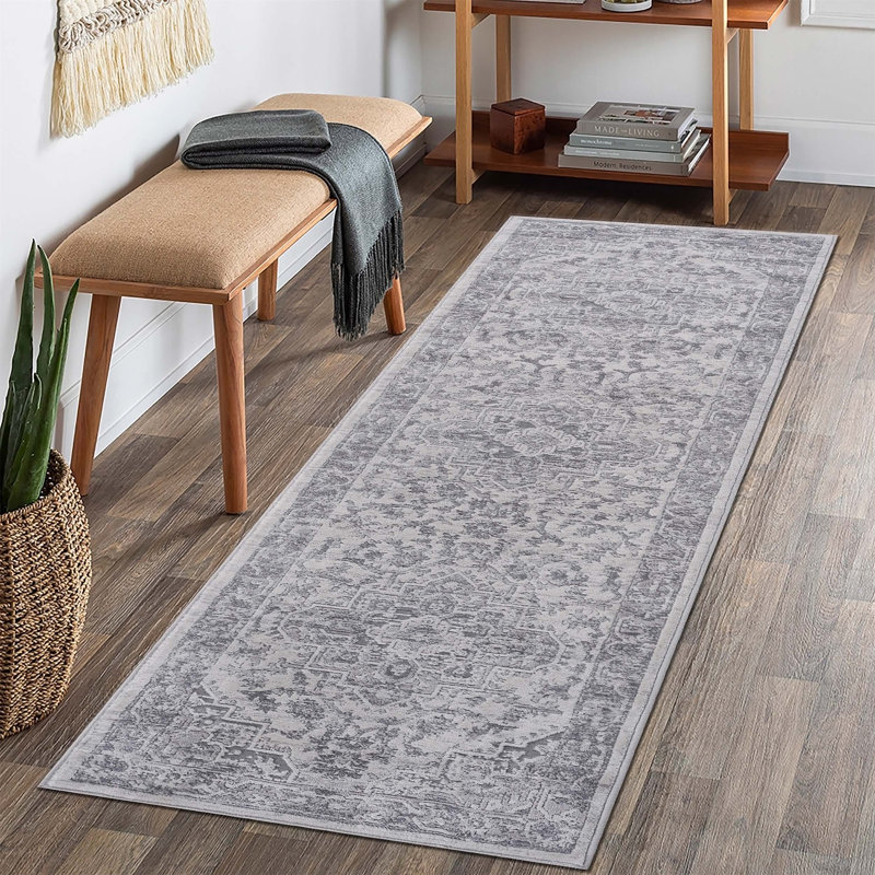 Tapis argenté / oriental résistant aux taches, Tapis de couloir 2 pi x 8 pi