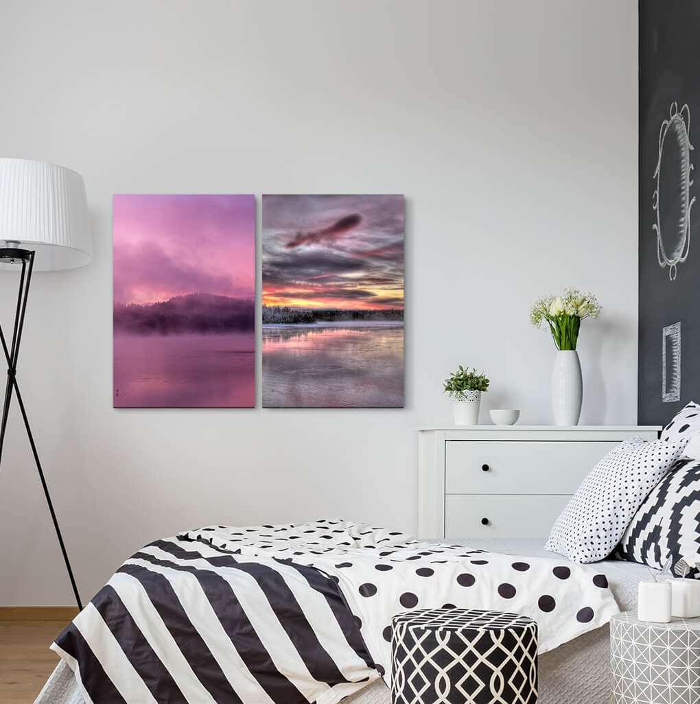 2-tlg. Leinwandbilder-Set - Grafikdruck „Finland Winter Pink Clouds Mountains Lake Sunrise Silence”