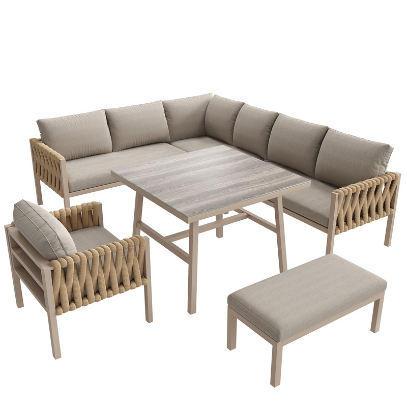 Outdoor Lounge Sofa Set With Coffee Table - Modular, Galvanized Iron Frame, Rope & Wood Look, Beige